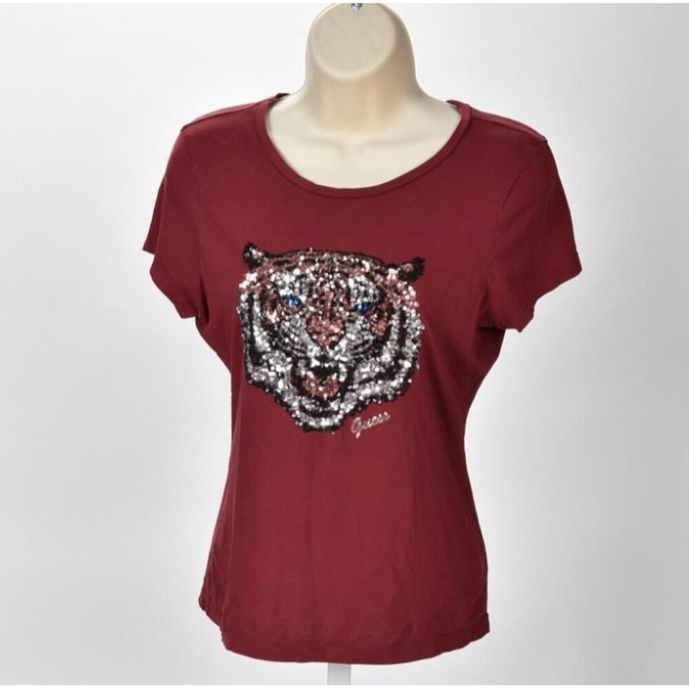 Guess Cranberry Sequin Tiger Fitted T-Shirt Cap Sleeve Size S